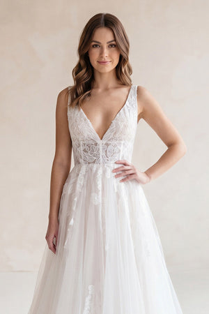 V Neck Tulle A - Line Appliqued Wedding Dress in White - KISS BRIDAL Wedding Dresses