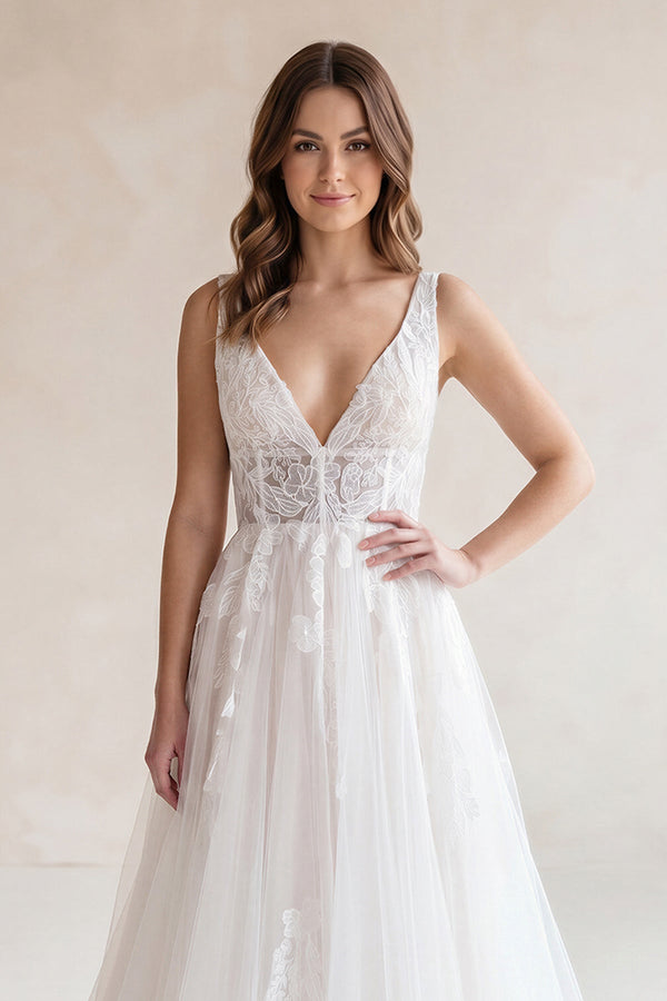 V Neck Tulle A - Line Appliqued Wedding Dress in White - KISS BRIDAL Wedding Dresses
