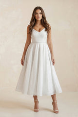 V - Neck Tulle A - Line Ruched Wedding Dress in White - KISS BRIDAL Wedding Dresses