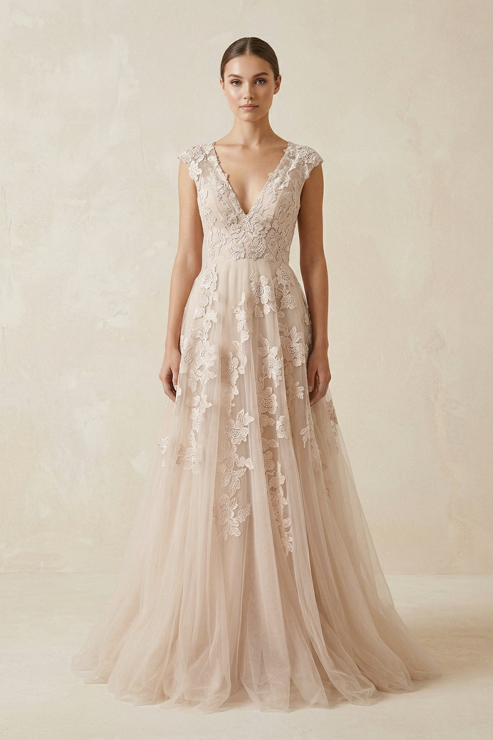 V Neck Tulle A-Line Wedding Dress With Appliques in Champagne