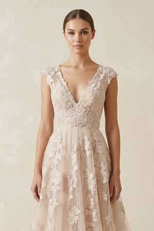 V Neck Tulle A - Line Wedding Dress With Appliques in Champagne - KISS BRIDAL Wedding Dresses