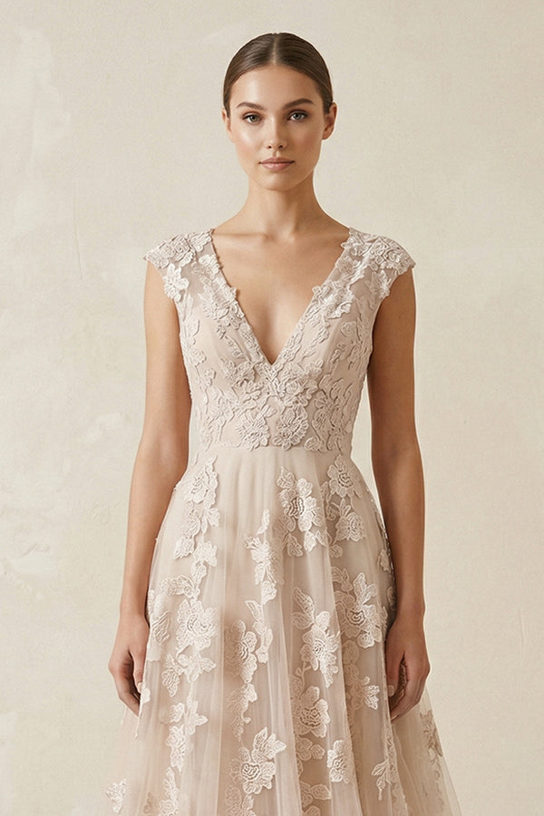 V Neck Tulle A - Line Wedding Dress With Appliques in Champagne - KISS BRIDAL Wedding Dresses