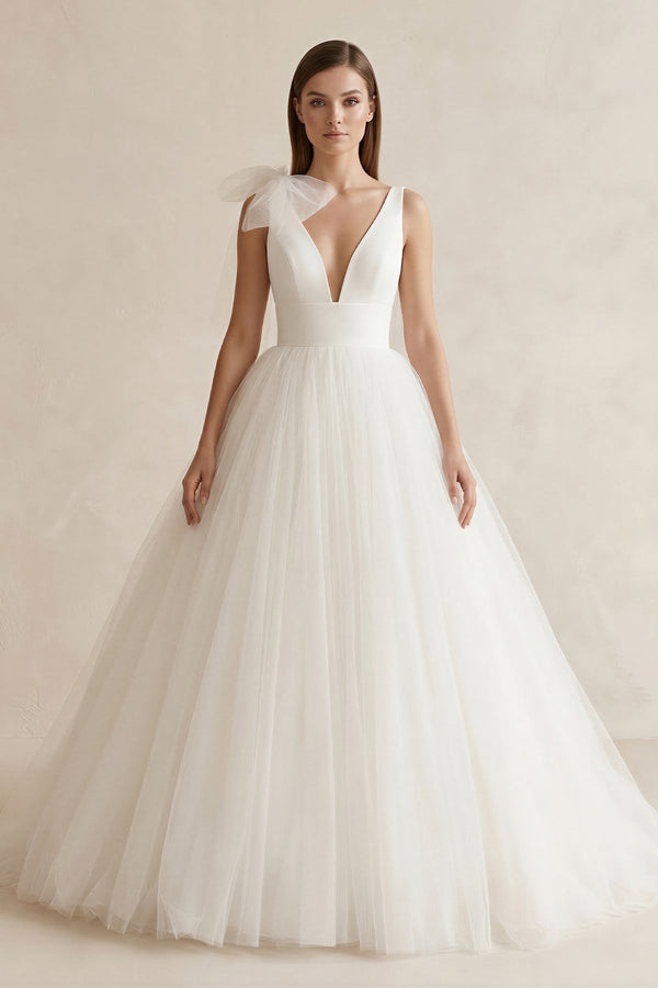V - Neck Tulle Ball Gown Wedding Dress With Bow in White - KISS BRIDAL Wedding Dresses