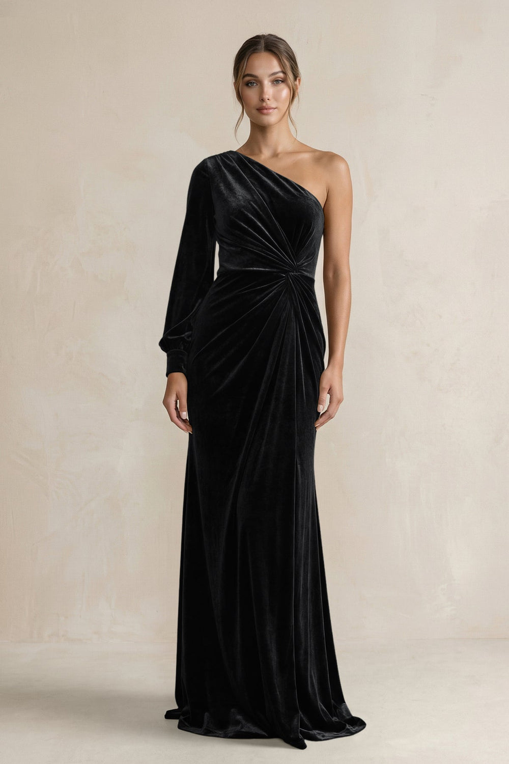 Velvet One Shoulder Sheath Long Sleeve Bridesmaid Dress in Black
