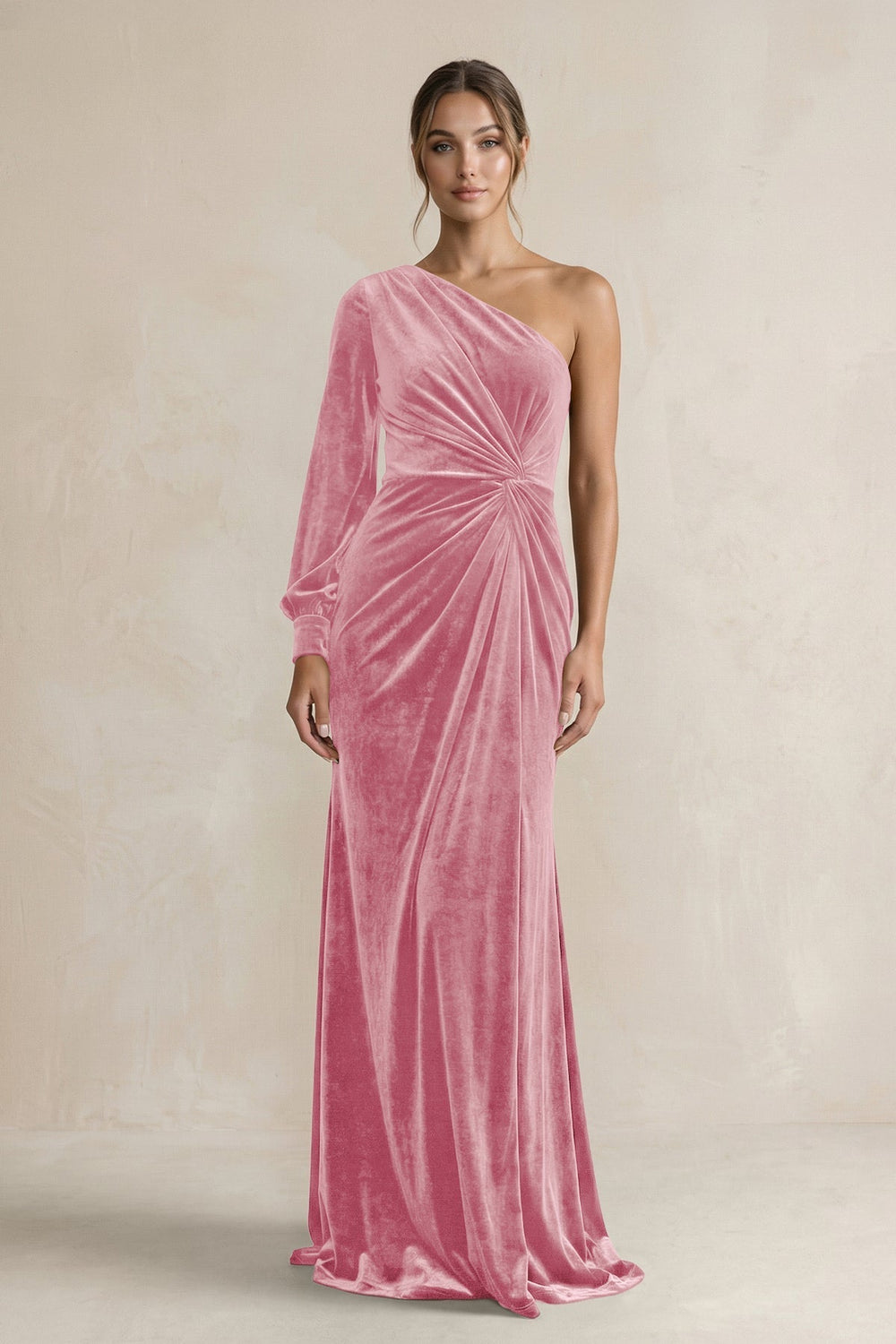 Velvet One Shoulder Sheath Long Sleeve Bridesmaid Dress in Blush Pink