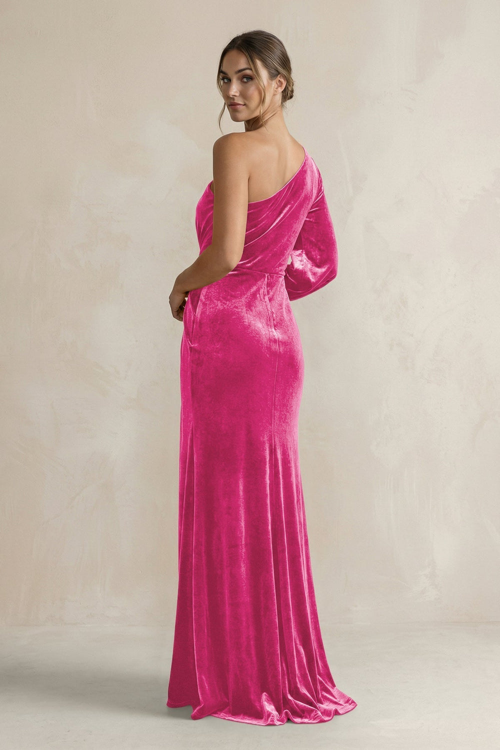 Velvet One Shoulder Sheath Long Sleeve Bridesmaid Dress in Bon Bon Pink