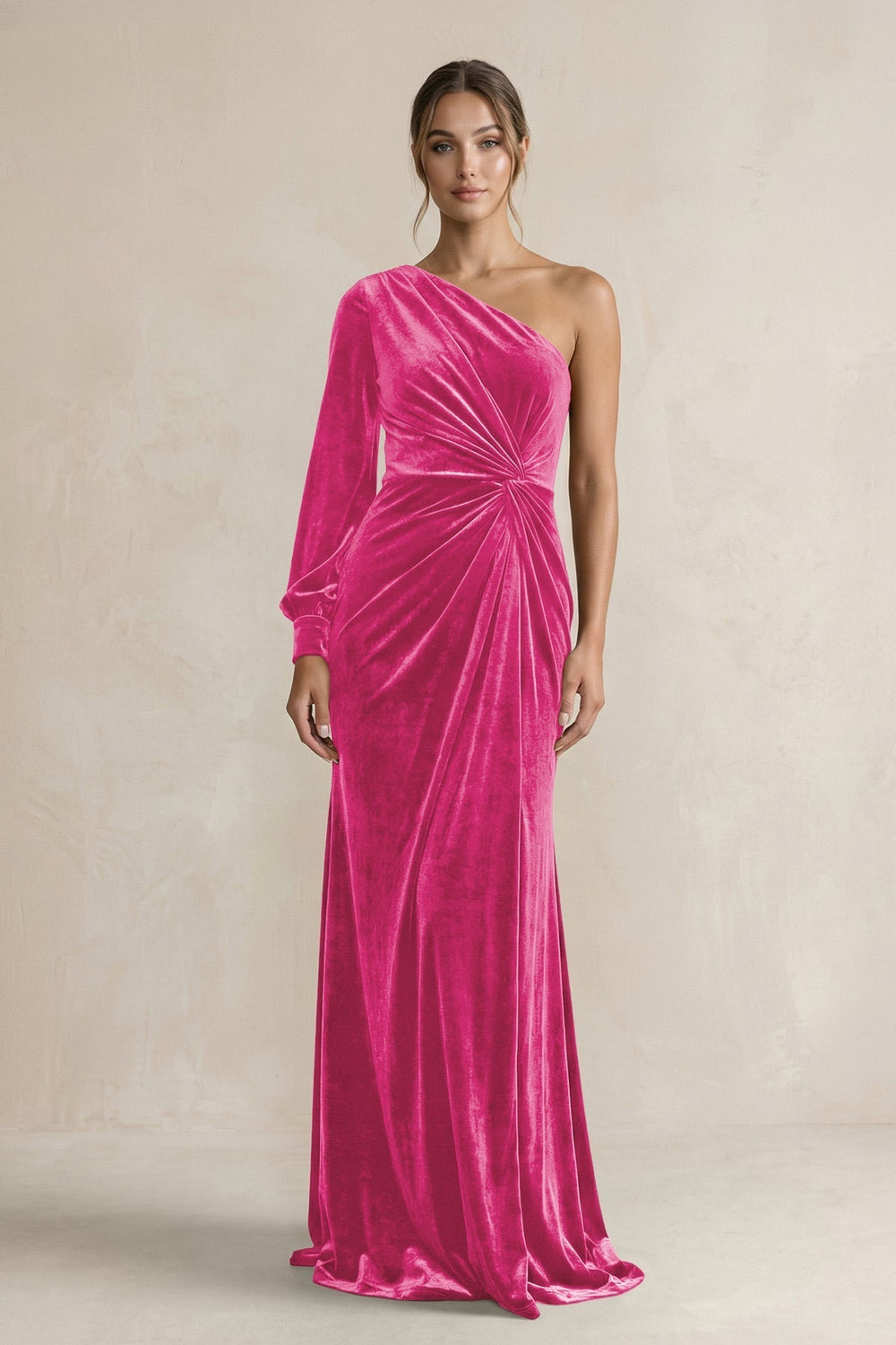 Velvet One Shoulder Sheath Long Sleeve Bridesmaid Dress in Bon Bon Pink