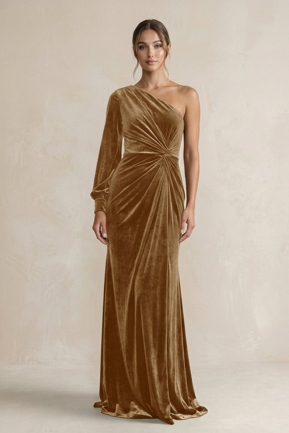 Velvet One Shoulder Sheath Long Sleeve Bridesmaid Dress in Bronzer