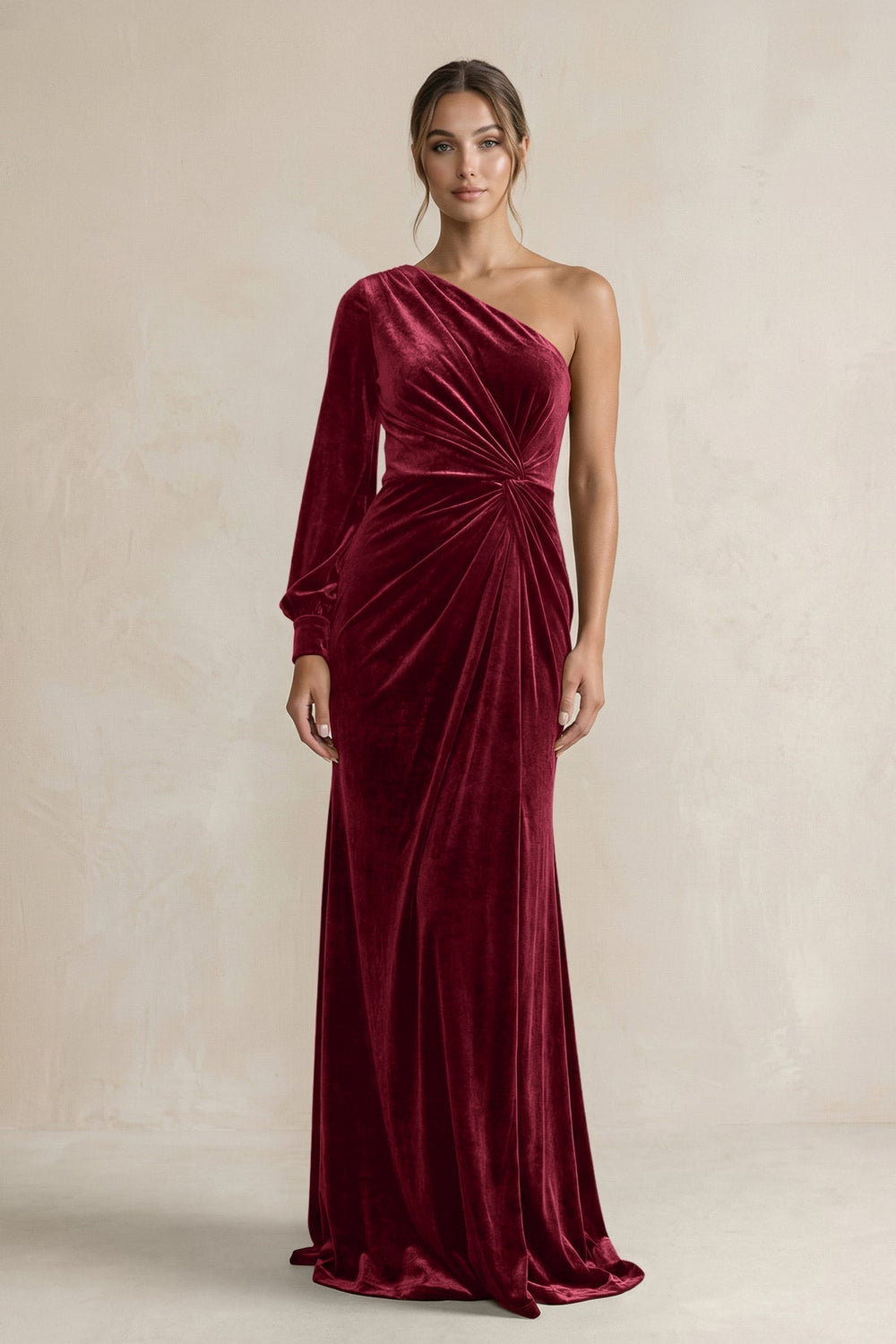 Velvet One Shoulder Sheath Long Sleeve Bridesmaid Dress in Burgundy
