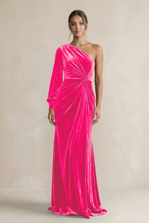 Velvet One Shoulder Sheath Long Sleeve Bridesmaid Dress in Candy Pink - KISS BRIDAL Bridesmaid Dresses