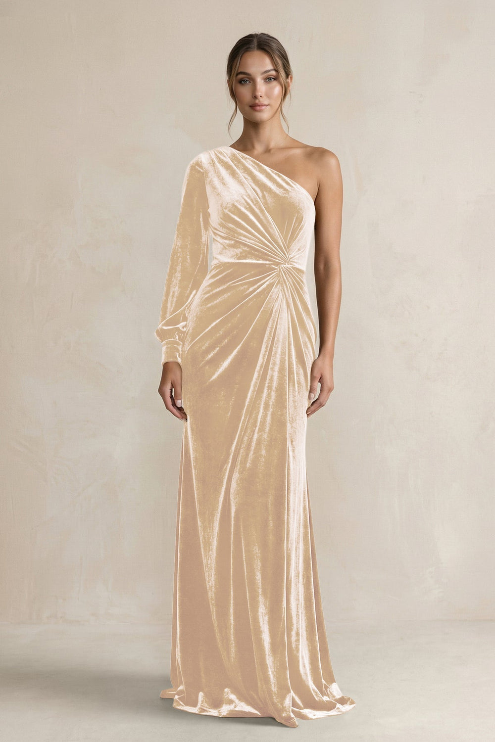 Velvet One Shoulder Sheath Long Sleeve Bridesmaid Dress in Champagne