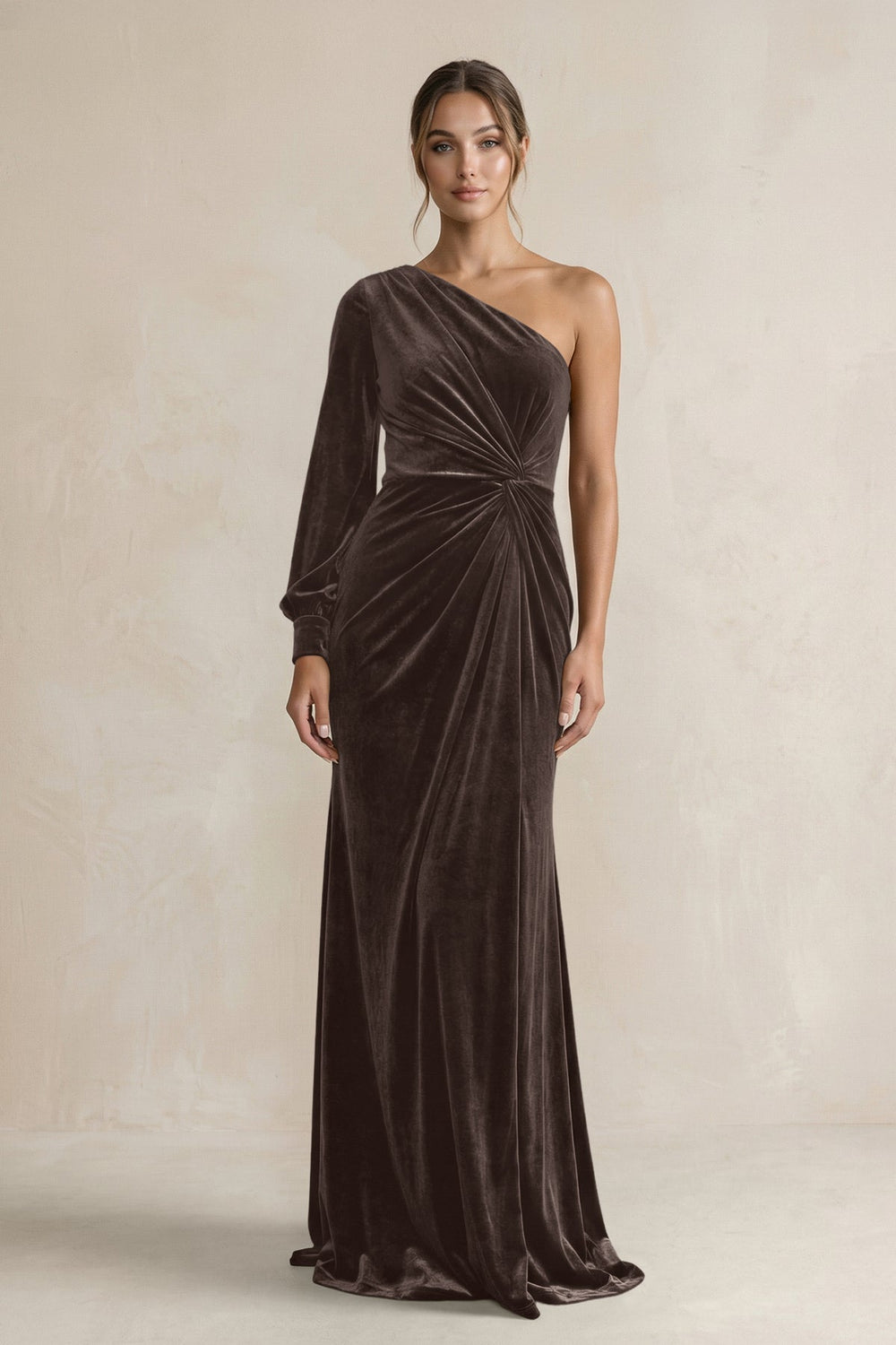 Velvet One Shoulder Sheath Long Sleeve Bridesmaid Dress in Chocolate