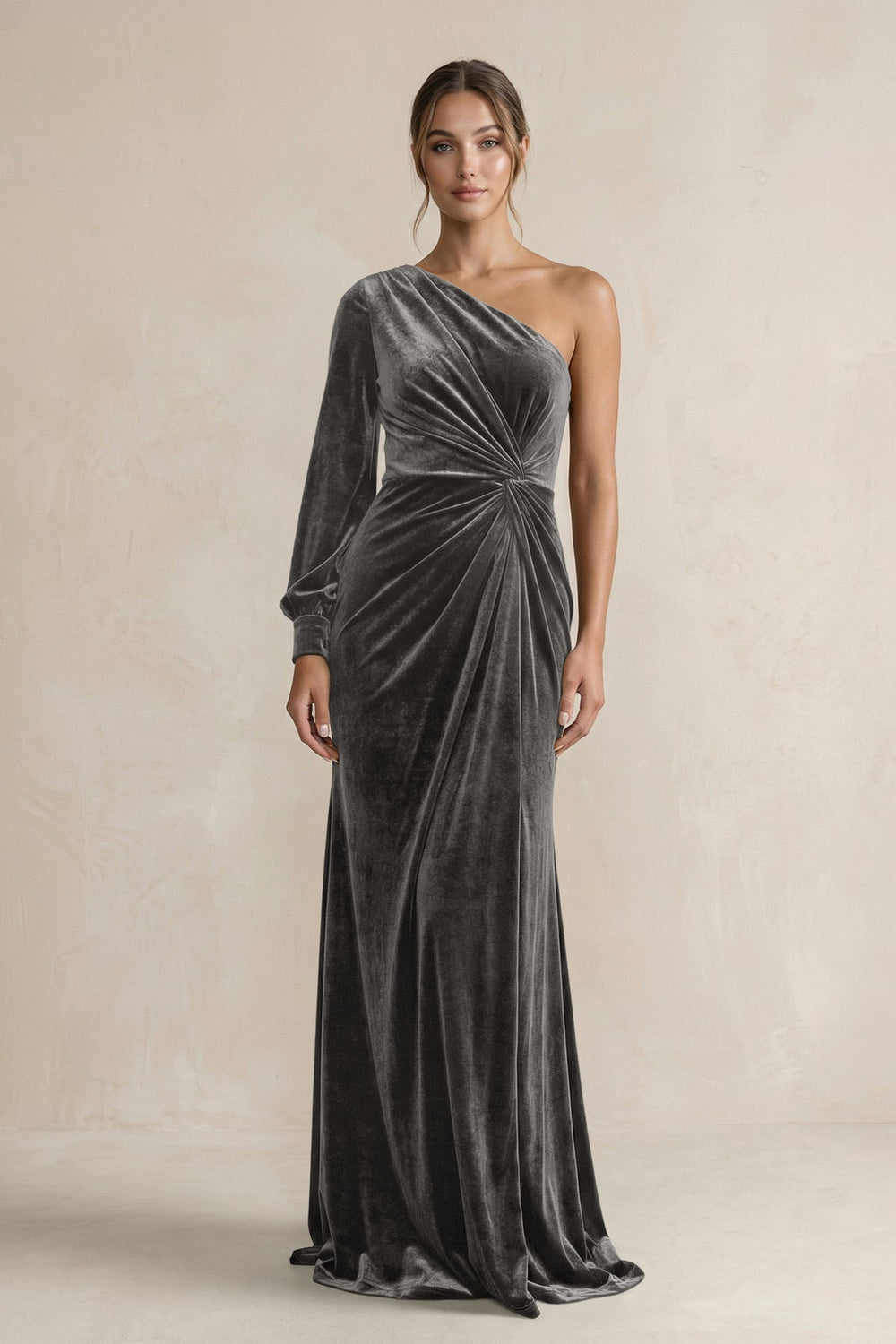 Velvet One Shoulder Sheath Long Sleeve Bridesmaid Dress in Frost