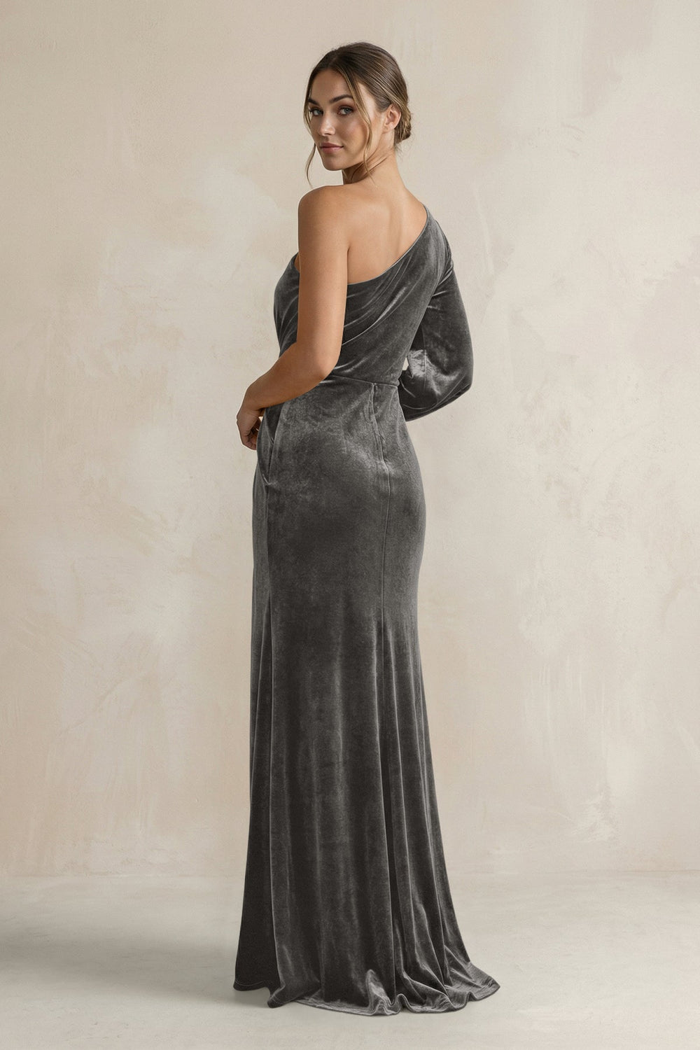 Velvet One Shoulder Sheath Long Sleeve Bridesmaid Dress in Frost