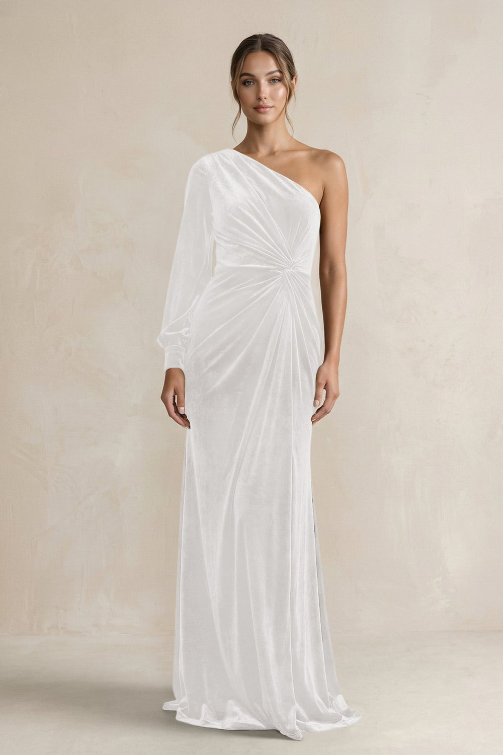 Velvet One Shoulder Sheath Long Sleeve Bridesmaid Dress in Ivory