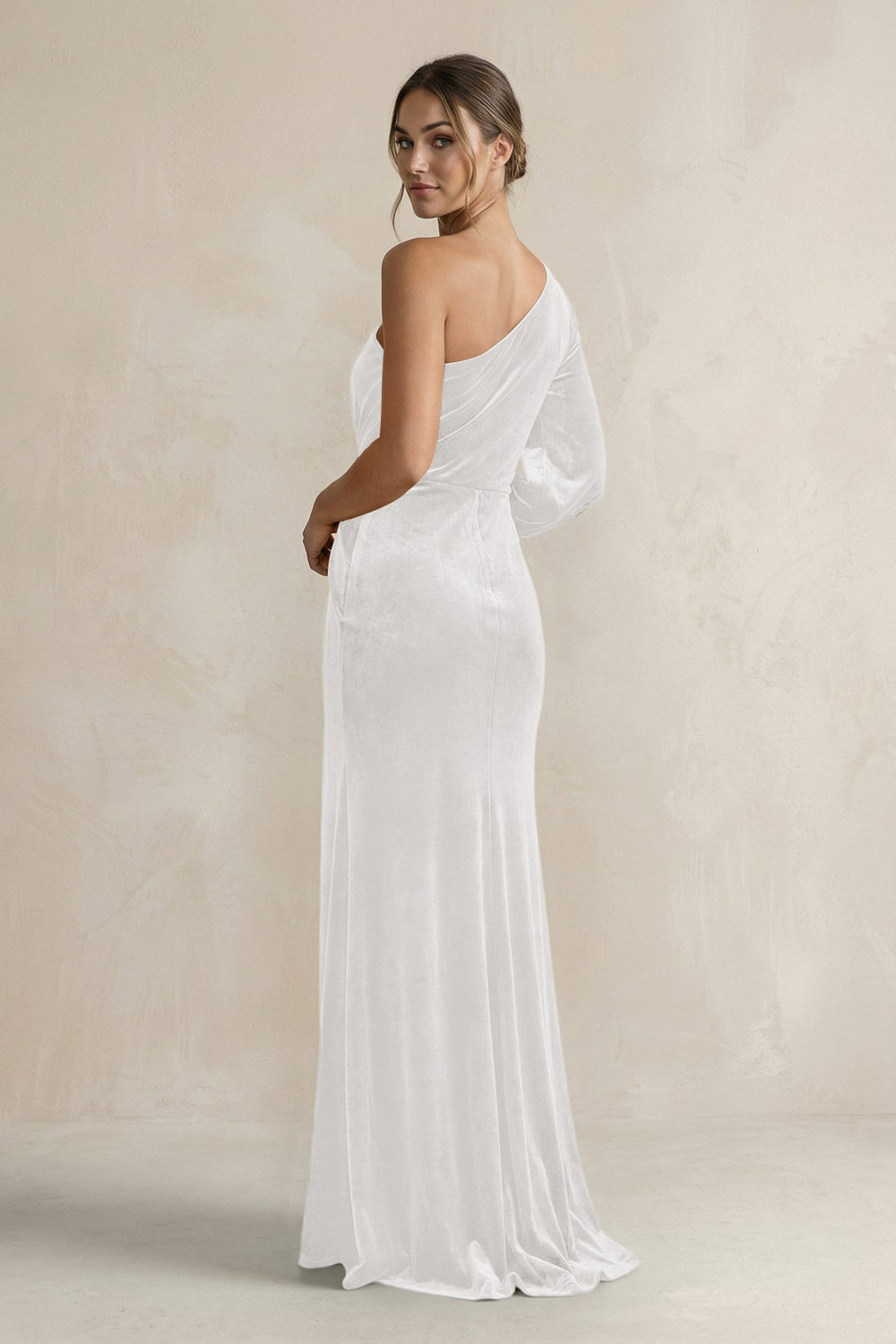 Velvet One Shoulder Sheath Long Sleeve Bridesmaid Dress in Ivory