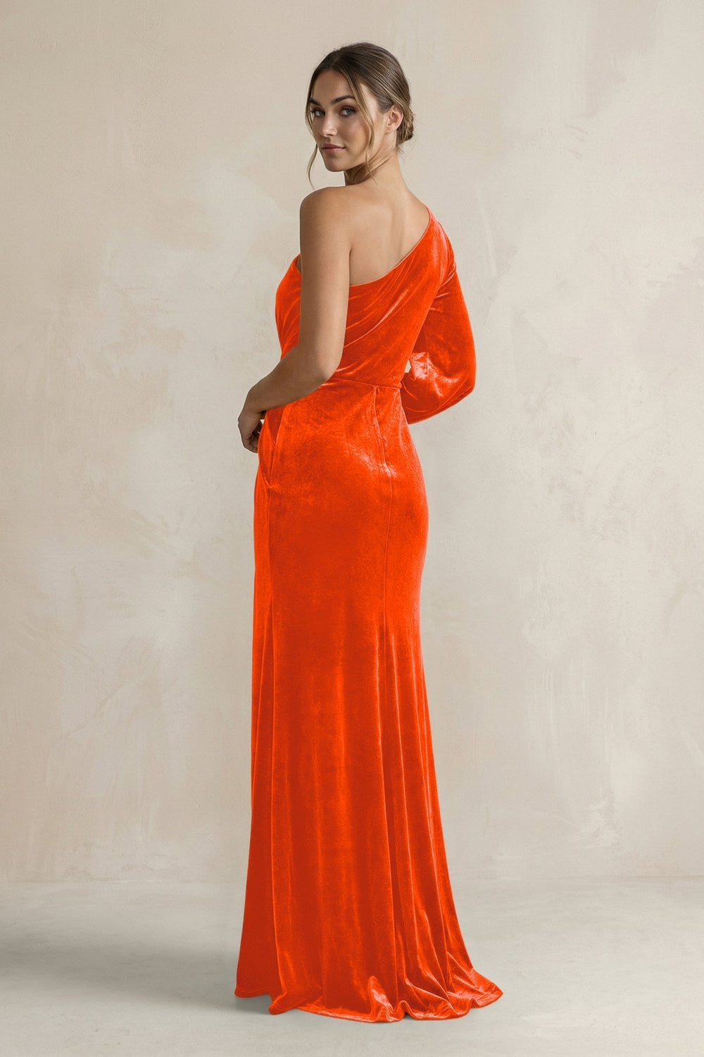 Velvet One Shoulder Sheath Long Sleeve Bridesmaid Dress in Orange
