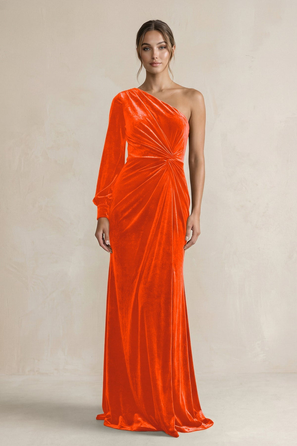 Velvet One Shoulder Sheath Long Sleeve Bridesmaid Dress in Orange