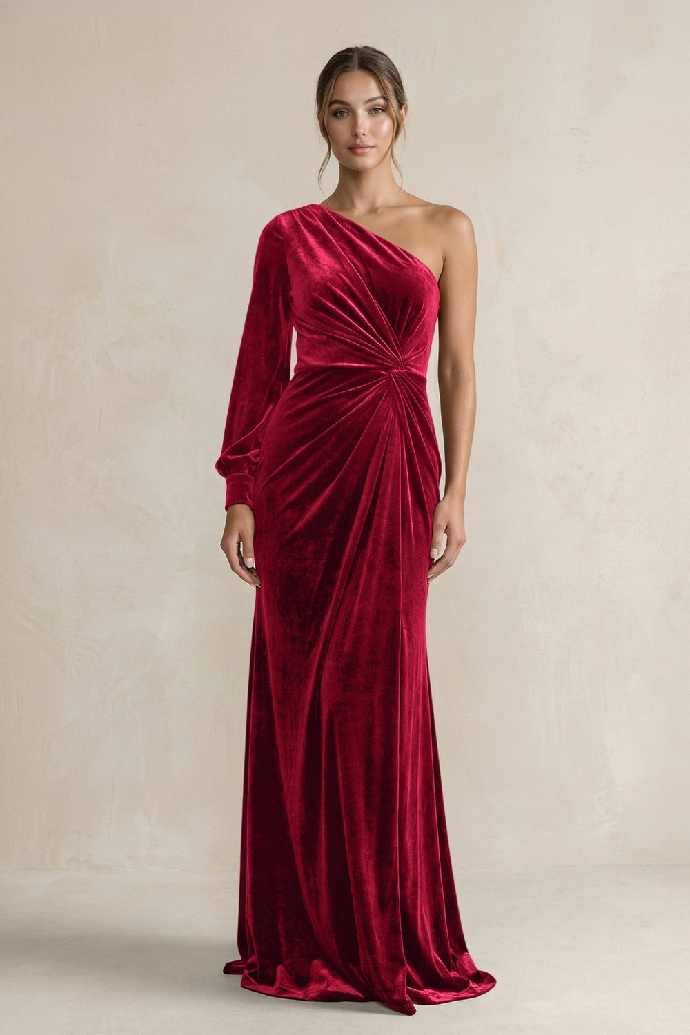 Velvet One Shoulder Sheath Long Sleeve Bridesmaid Dress in Ruby Red