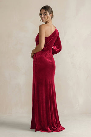 Velvet One Shoulder Sheath Long Sleeve Bridesmaid Dress in Ruby Red - KISS BRIDAL Bridesmaid Dresses