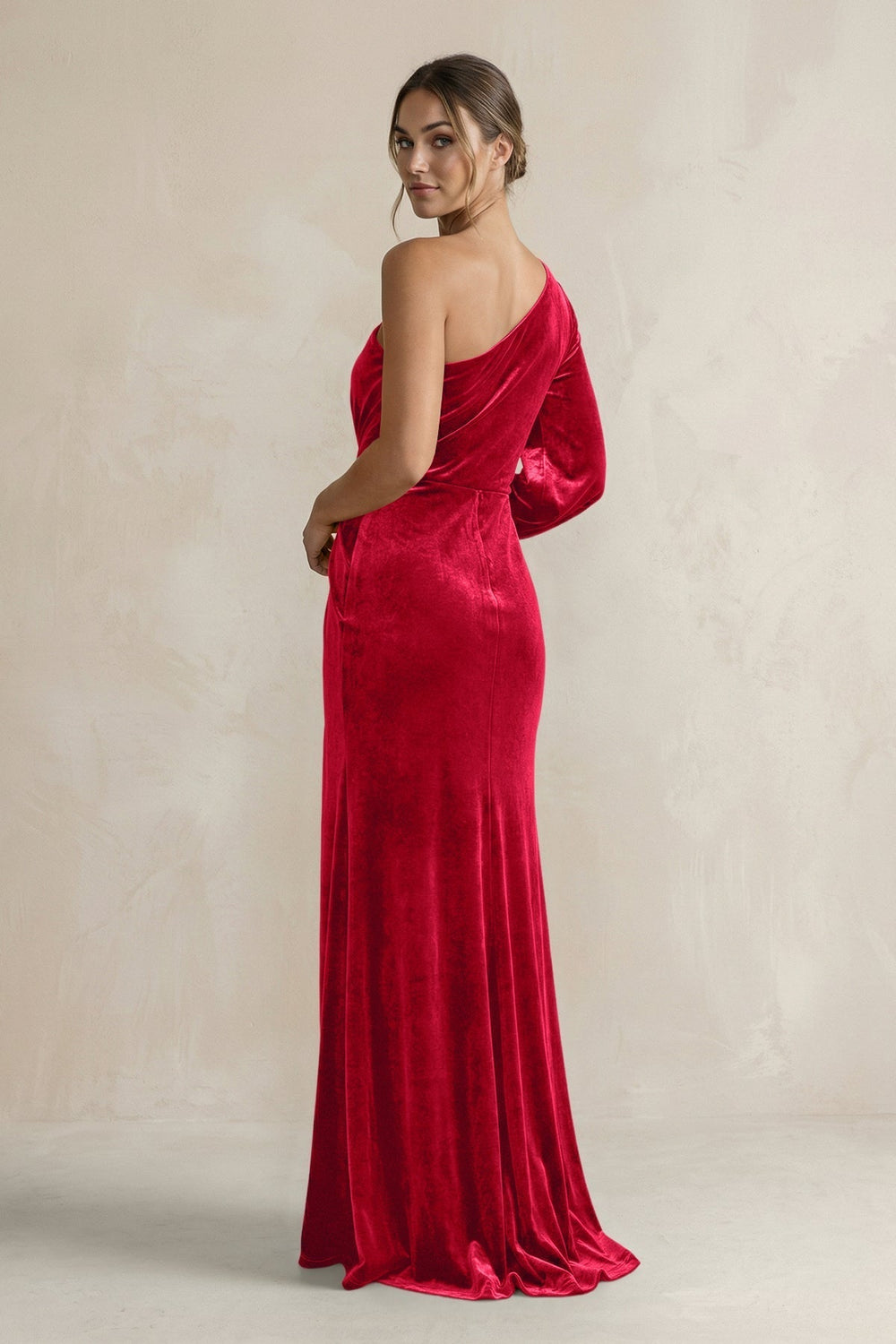 Velvet One Shoulder Sheath Long Sleeve Bridesmaid Dress in Spice