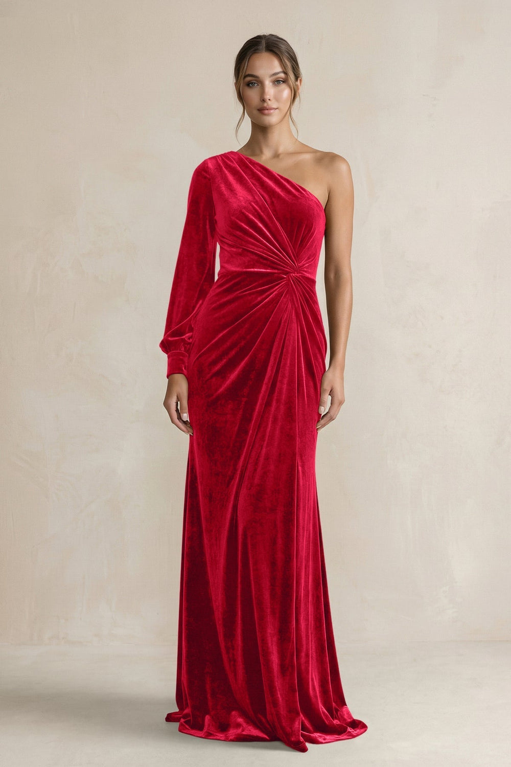 Velvet One Shoulder Sheath Long Sleeve Bridesmaid Dress in Spice
