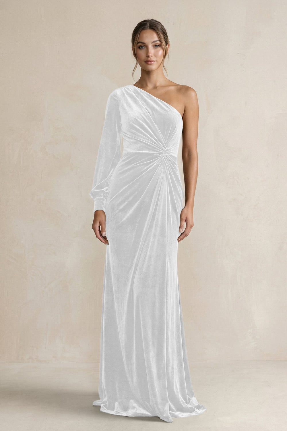 Velvet One Shoulder Sheath Long Sleeve Bridesmaid Dress in White