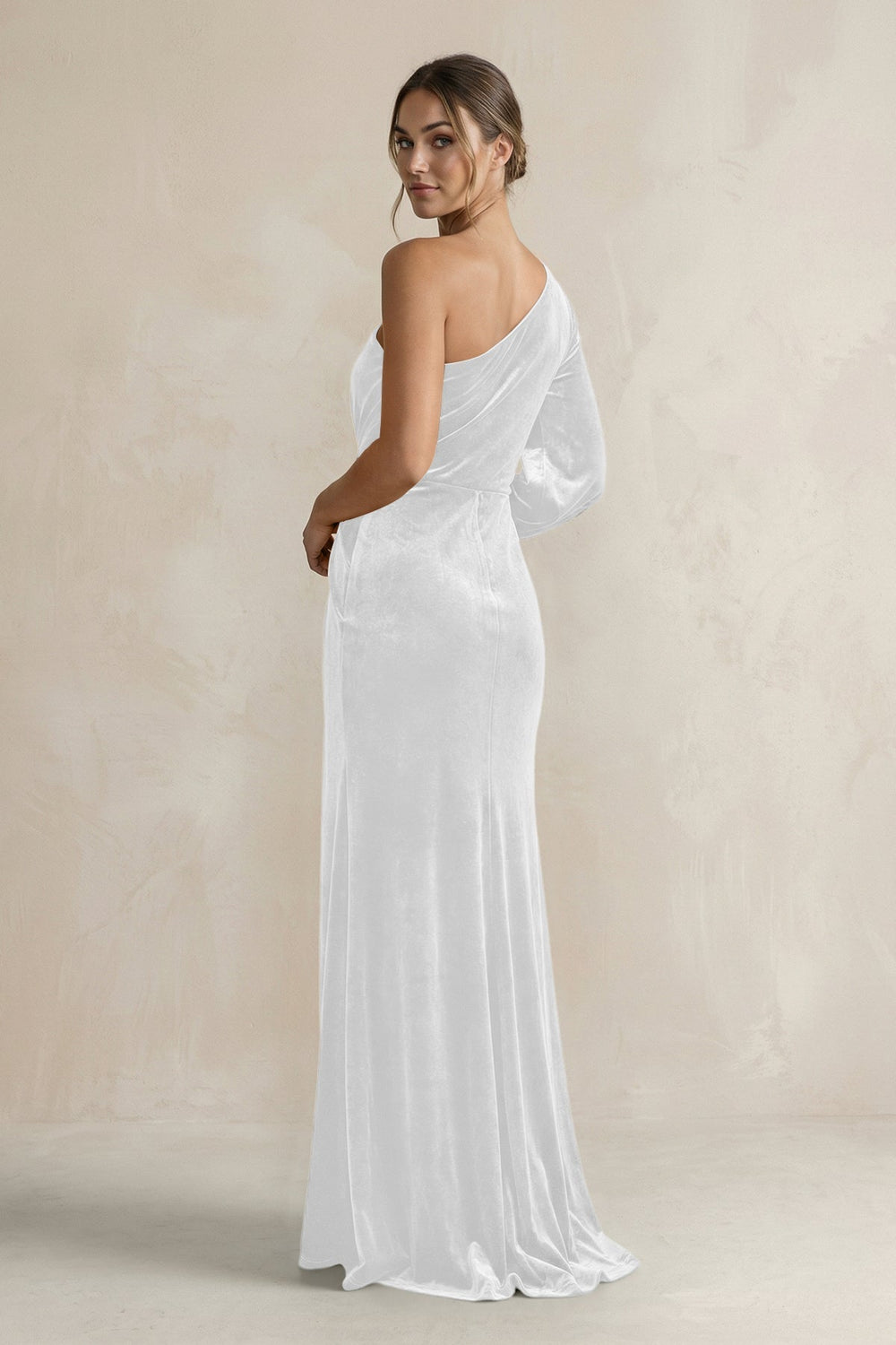 Velvet One Shoulder Sheath Long Sleeve Bridesmaid Dress in White