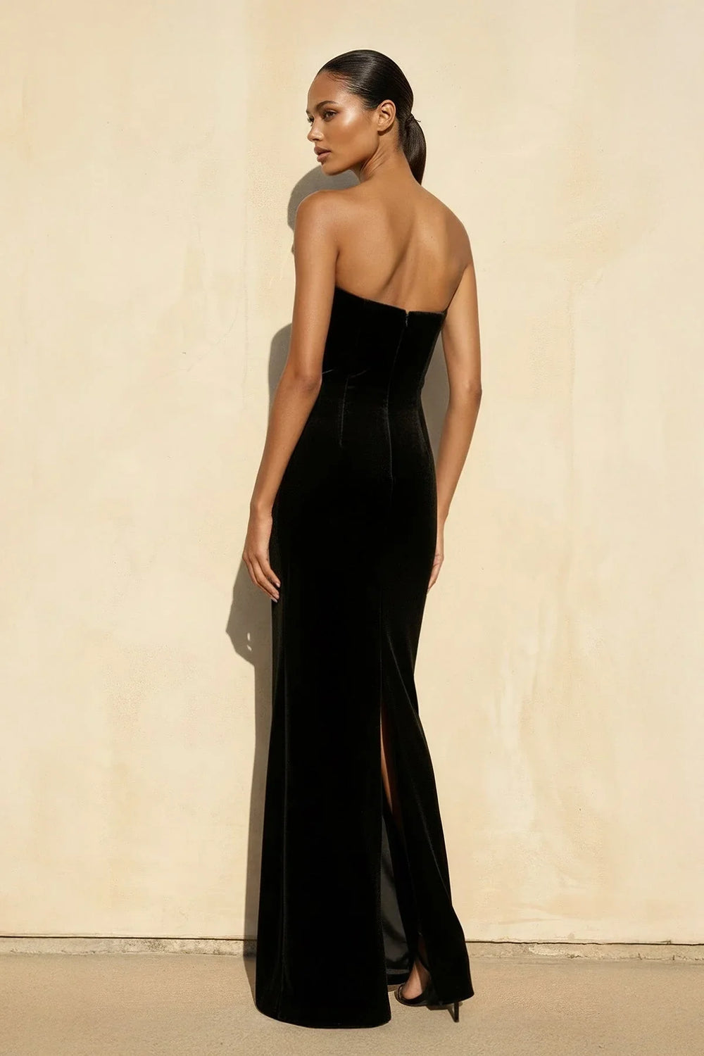 Velvet Strapless Beaded Wedding Guest Dress in Black