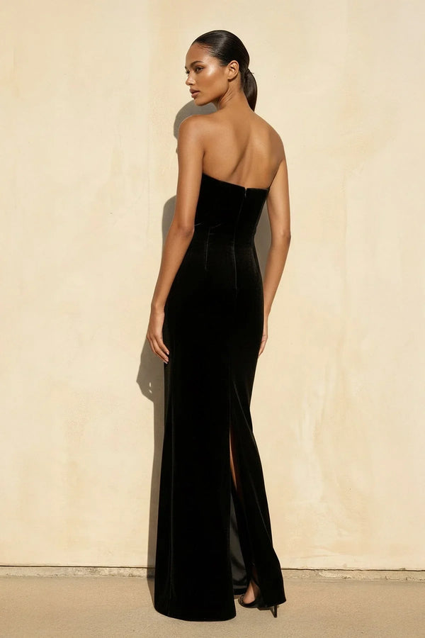 Velvet Strapless Beaded Gown in Black - KISS BRIDAL