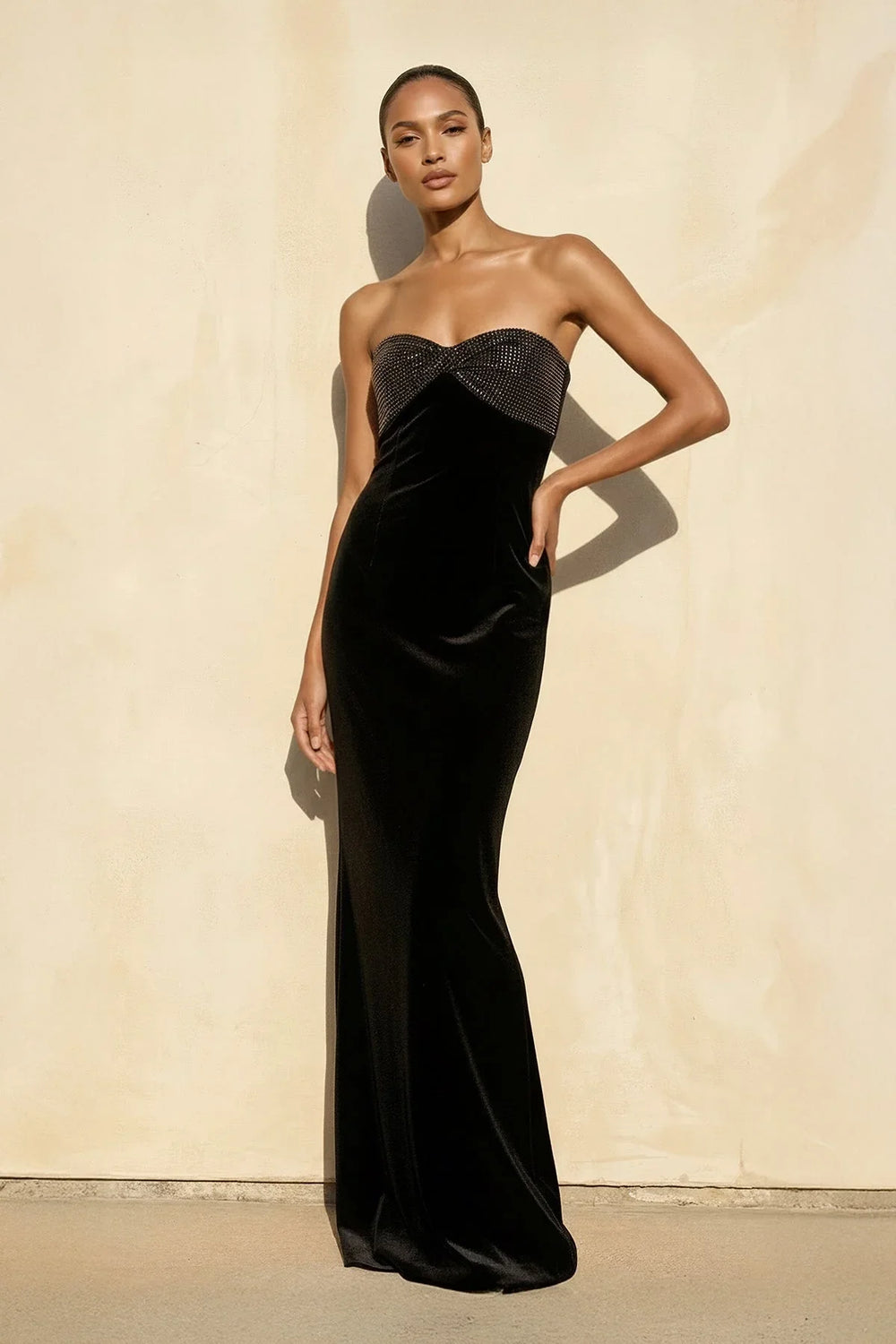 Velvet Strapless Beaded Wedding Guest Dress in Black