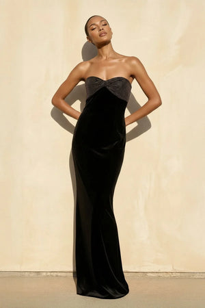 Velvet Strapless Beaded Gown in Black - KISS BRIDAL