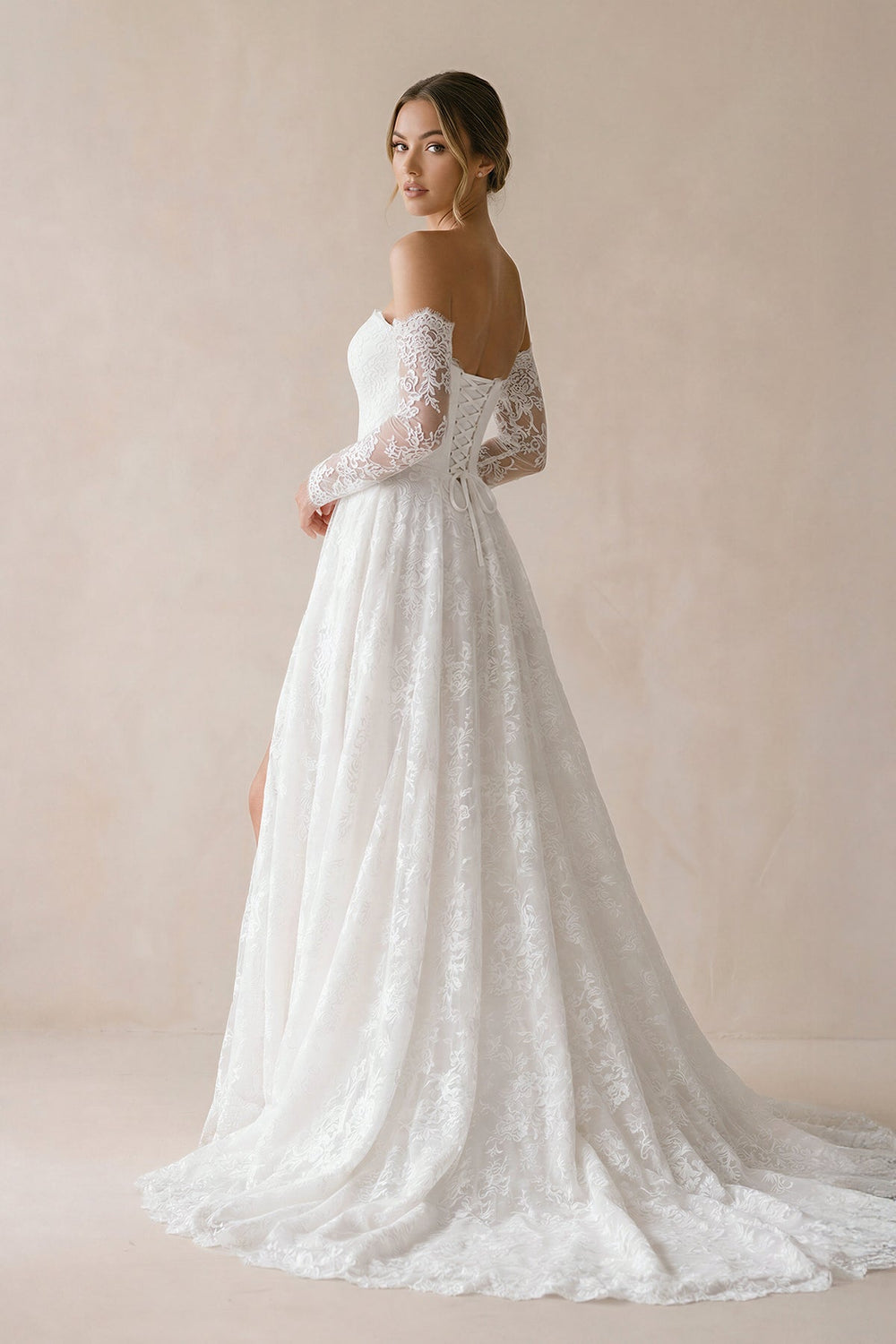 A Line Off-the-Shoulder Lace Wedding Dress With Slit in White
