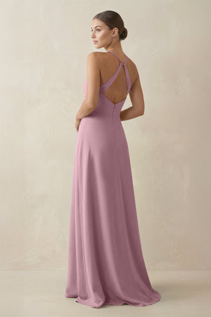 Vintage Mauve A-Line Chiffon Long Bridesmaid Dress With Slit (2) | KISSBRIDAL