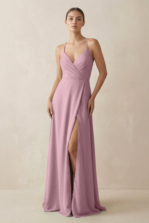 Vintage Mauve A-Line Chiffon Long Bridesmaid Dress With Slit | KISSBRIDAL