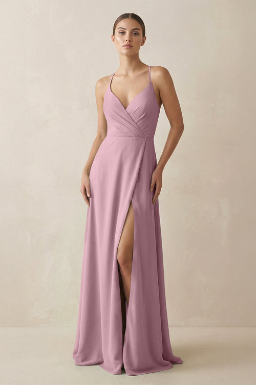 Vintage Mauve A-Line Chiffon Long Bridesmaid Dress With Slit | KISSBRIDAL