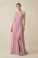 Vintage Mauve A-Line Pleated Chiffon Long Bridesmaid Dress | KISSBRIDAL