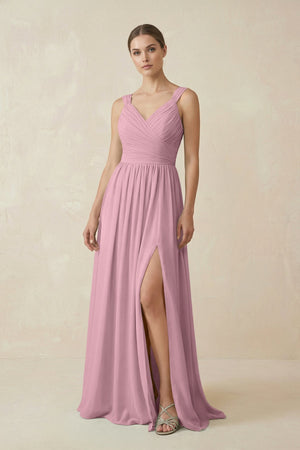 Vintage Mauve A-Line Pleated Chiffon Long Bridesmaid Dress | KISSBRIDAL