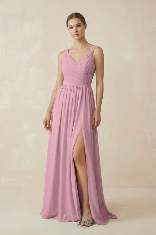 Vintage Mauve A-Line Pleated Chiffon Long Bridesmaid Dress | KISSBRIDAL