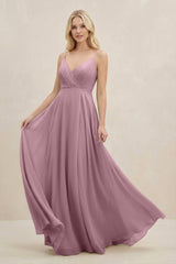 Vintage Mauve A-Line Spaghetti Strap Chiffon Bridesmaid Dress | KISSBRIDAL
