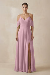 Vintage Mauve Chiffon A-Line Long Bridesmaid Dress | KISSBRIDAL