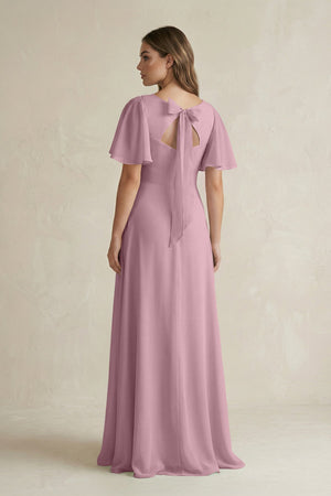 Vintage Mauve Flutter Sleeve V-Neck A-Line Chiffon Bridesmaid Dress (2) | KISSBRIDAL