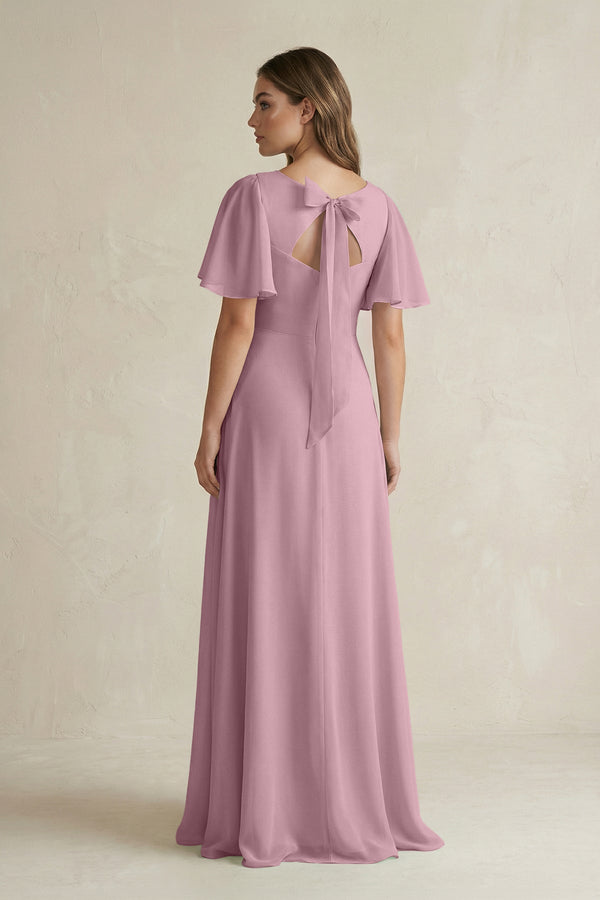 Vintage Mauve Flutter Sleeve V-Neck A-Line Chiffon Bridesmaid Dress (2) | KISSBRIDAL