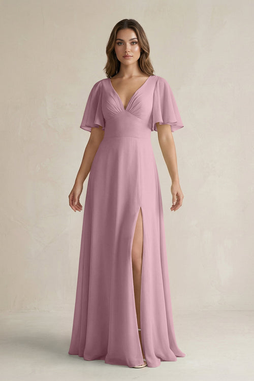 Vintage Mauve Flutter Sleeve V-Neck A-Line Chiffon Bridesmaid Dress | KISSBRIDAL
