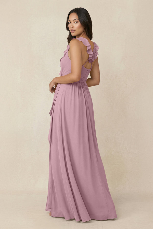 Vintage Mauve Ruffled V-Neck A-Line Chiffon Bridesmaid Dress (2) | KISSBRIDAL