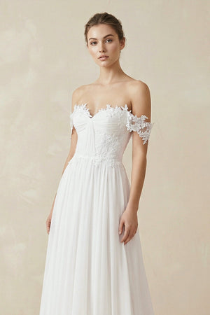 White A line Chiffon Off - Shoulder Wedding Dress - KISS BRIDAL Wedding Dresses
