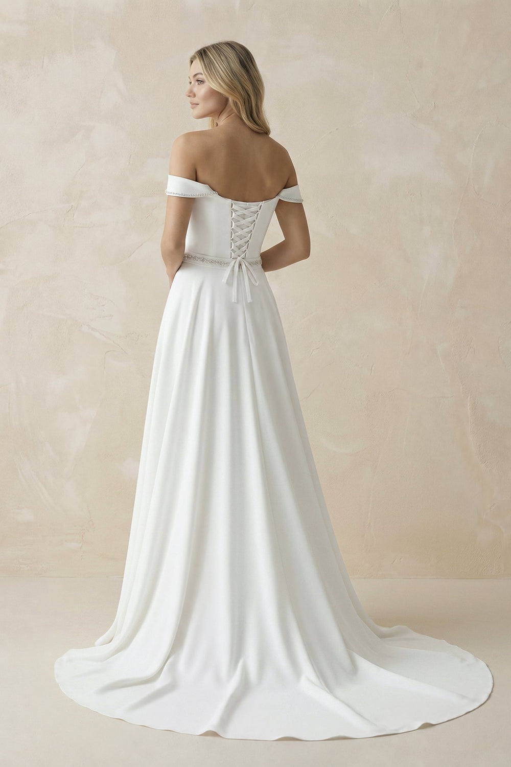 A-Line Off the Shoulder Beaded Belt Wedding Dress