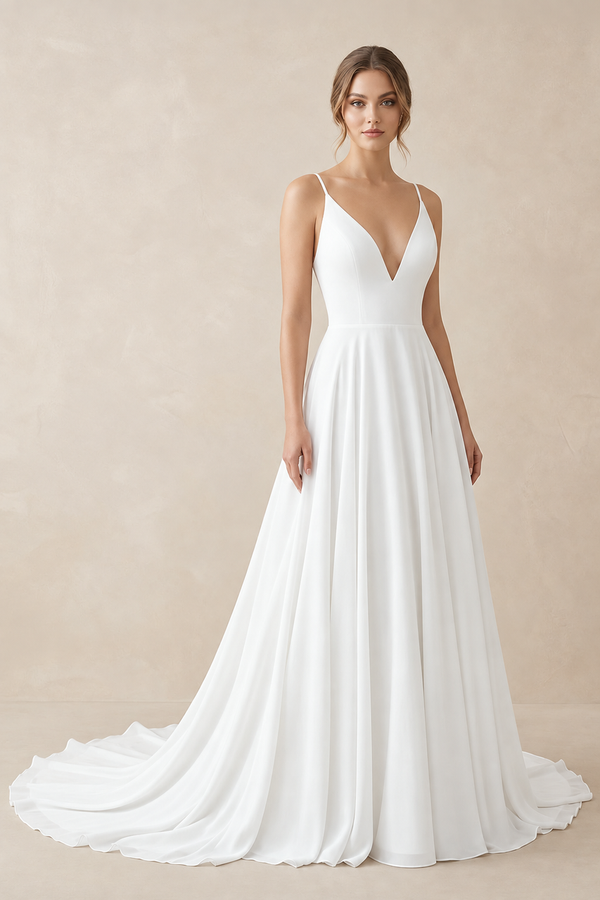 White A-line Spaghetti Straps Lace Wedding Dress | KISSBRIDAL