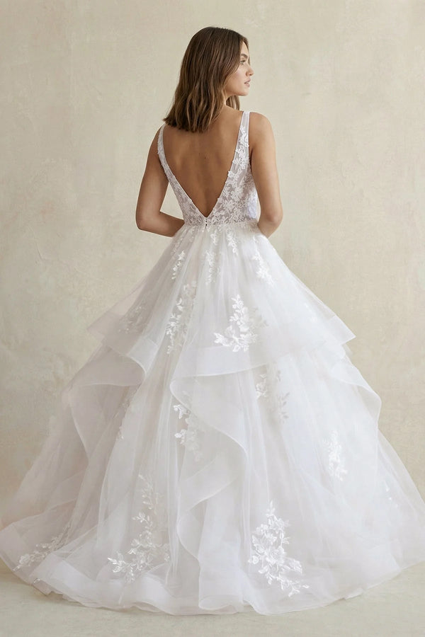 White A - Line V - Neck Wedding Dresses with Appliques - KISS BRIDAL Wedding Dresses