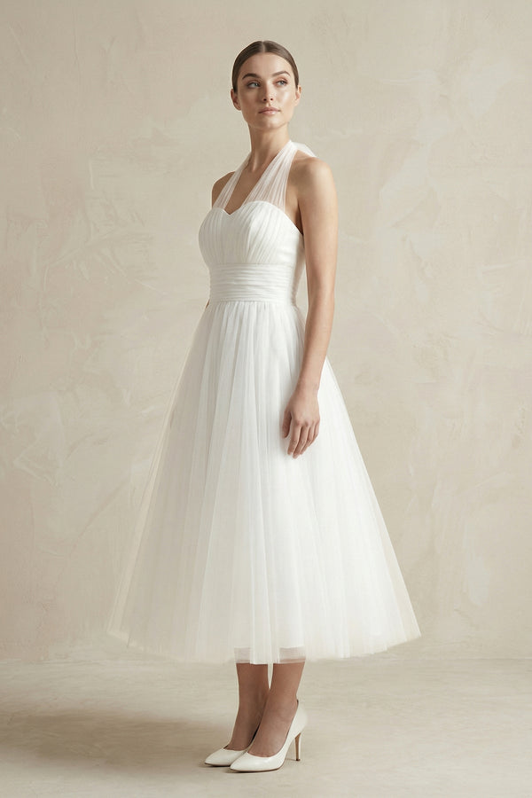 White Halter Tulle A - Line Midi Wedding Dress - KISS BRIDAL Wedding Dresses